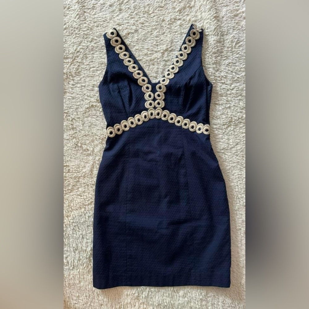 EUC 100% COTTON Lilly Pulitzer Shift Dress Navy/Gold